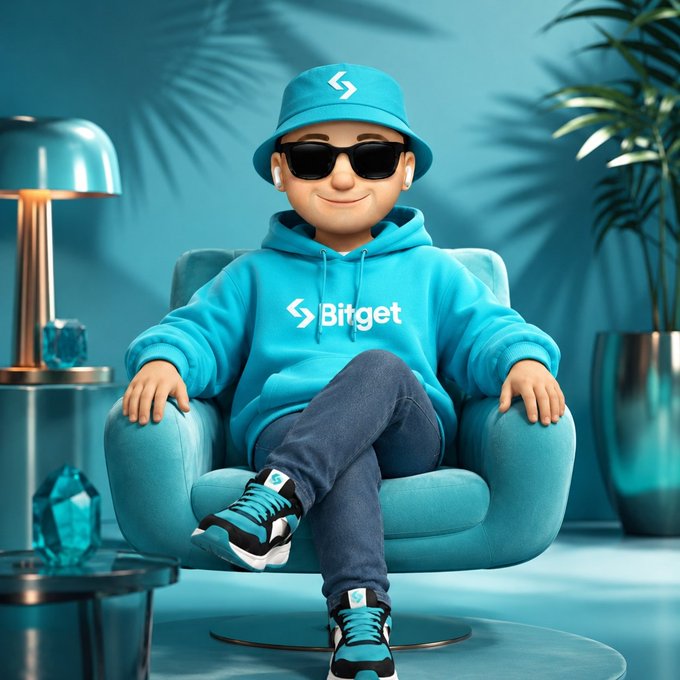 The image features a cartoon character wearing a blue hoodie, sunglasses, and a hat sitting in an office chair. The character has a name tag that reads "S. Bitget". The background of the image shows a desk with a lamp on top of it, suggesting that this scene takes place in an office setting. There is also a potted plant visible in the background.

The post appears to be related to the cartoon character's name and possibly their job or interests. It reads "New Month. New Goals. More Growth with @bitget UEX." This message seems to be promoting a new month, a fresh start, and setting goals for growth. The use of the cartoon character as an example can help engage viewers by connecting the content to something familiar and relatable.