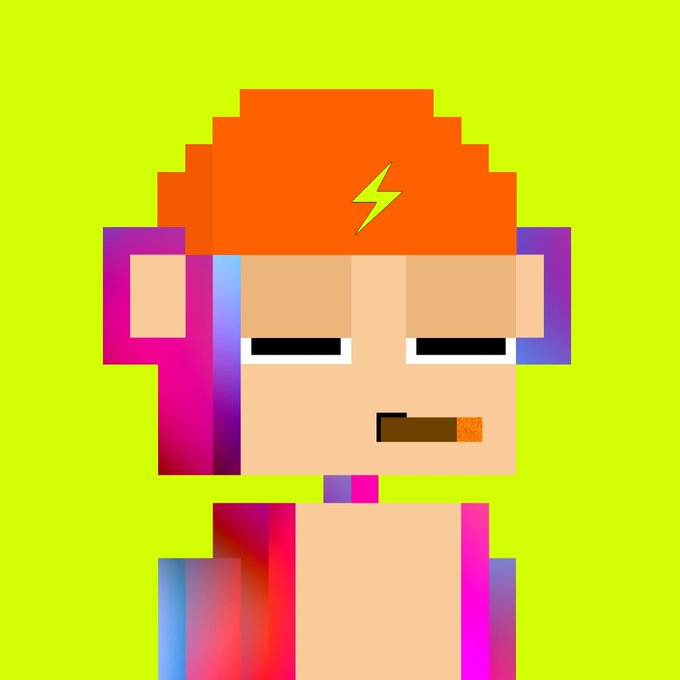 A pixel art character portrait featuring a figure with a determined expression, wearing an orange cap with a yellow lightning bolt, and a shirt with pink and blue gradients, set against a bright yellow-green background.