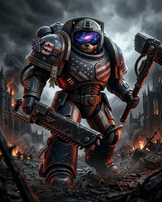Digital artwork of a cat's face inside a space helmet, wearing battle-damaged American flag-themed armor and wielding a chainsaw and hammer in a war-torn landscape.