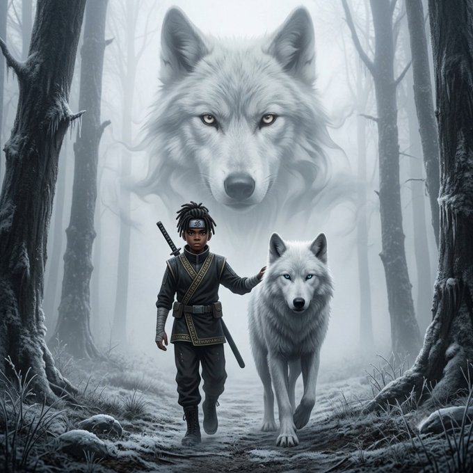A fantasy digital artwork shows a young warrior with dreadlocks and a katana walking alongside a white wolf through a misty forest, with a giant spectral wolf head looming in the fog behind them.