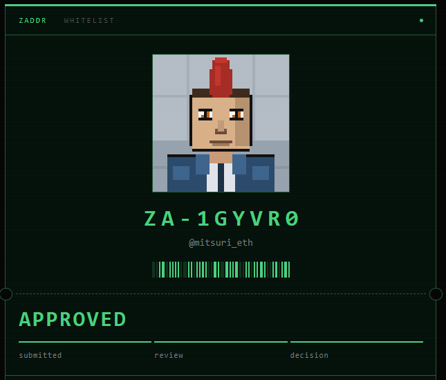 A digital 'ZADDR WHITELIST' approval screen displaying a Minecraft-style pixel art avatar with a red mohawk, the identifier 'ZA-1GYVR0', and an 'APPROVED' status.