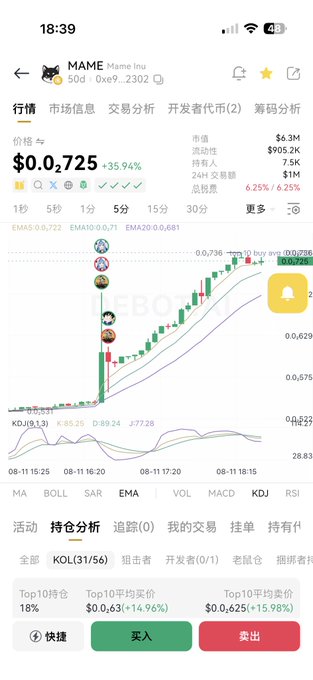 A cryptocurrency trading app screenshot showing the MAME token (Meme Inu) on a '0x9' network, with a price of $0.0725 (up 35.94%) and market cap of $6.3M.