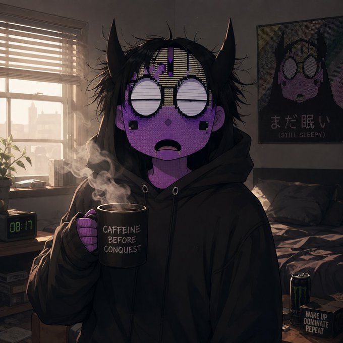 An anime-style illustration of a purple-skinned character with closed eyes, wearing a black hoodie and holding a mug that reads 'CAFFEINE BEFORE CONQUEST', with a digital clock showing 08:17 and a poster reading 'まだ眠い (STILL SLEEPY)'.
