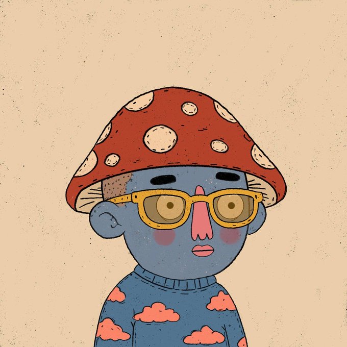 A whimsical illustration features a blue-skinned character wearing a red mushroom-shaped hat with white spots, yellow-rimmed glasses, and a blue sweater patterned with clouds, fitting the quirky theme of an upcoming "REVEAL" to see how unique the audience is.