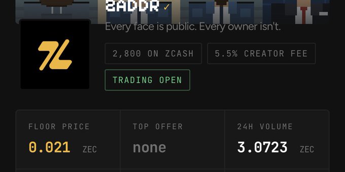 The image shows a ZADDR NFT collection trading page with a floor price of 0.021 ZEC, 24h volume of 3.0723 ZEC, and a 5.5% creator fee, supporting the post's warning about a potential local top onchain by displaying low trading activity for this "trash" project.
