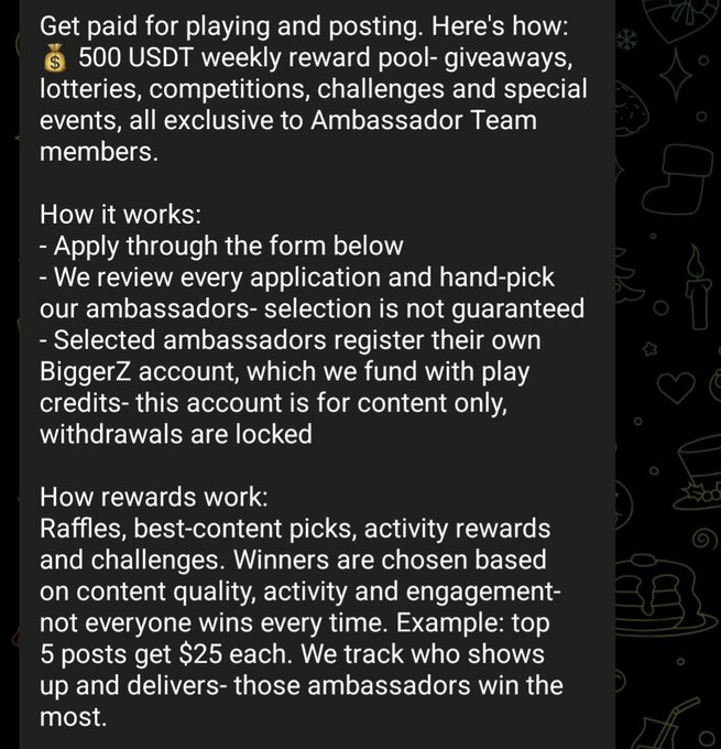 Screenshot of promotional text for an Ambassador Team program offering a 500 USDT weekly reward pool with giveaways, lotteries, and competitions through BiggerZ.