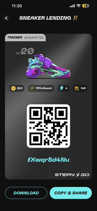 A "Sneaker Lending" screen from STEPN GO displays a Level 20 Trainer (#598117762) NFT with 4 energy, 89.1 coins, and a 14-day quest offering 70% rewards, featuring the share code fXwqrSd4Nu and a QR code. The image visualizes the guest recruitment post's 14-day, 4-energy lending terms with a 70% reward split for fellow STEPN GO walkers.