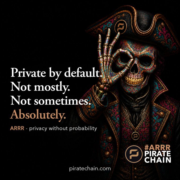 A dark advertisement featuring an ornately decorated skull pirate wearing a pirate hat and an 'OSMARK' gold tooth; text reads 'Private by default. Not mostly. Not sometimes. Absolutely. ARRR - privacy without probability' with the '#ARRR PIRATE CHAIN' logo and 'piratechain.com'.