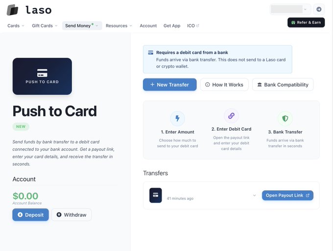 A screenshot of the Laso platform's 'Push to Card' feature, detailing a 3-step process to send funds via bank transfer to a debit card.