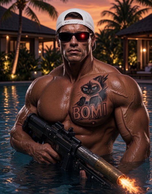 A digitally generated, highly muscular figure wearing a white backward cap and sunglasses with one red lens stands in a swimming pool holding a firearm with a muzzle flash; a tattoo of a cat with the word 'BOMI' is visible on the chest.