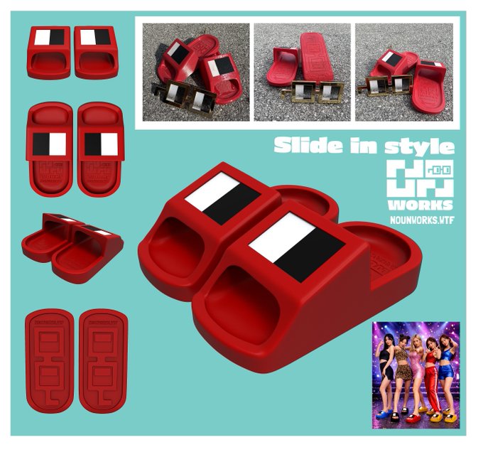 An advertisement displays red platform slide sandals with black and white details, featuring the text 'Slide in style', 'CHUU', 'WORKS', and 'NOUNWORKS.VTF'.