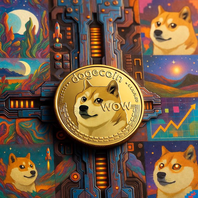 The image features a gold coin with a cartoon dog face on it, surrounded by other images of dogs. These images are arranged in a grid-like pattern, creating an interesting visual effect that draws attention to the coin. The text "Dogecoin" is also present in the image, indicating the theme or subject matter related to the coin.
