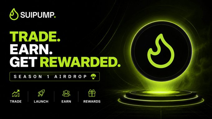A neon green and black advertisement for Suipump's 'Season 1 Airdrop' with the tagline 'Trade. Earn. Get Rewarded.' and icons for trade, launch, earn, and rewards.