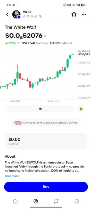A mobile app screenshot showing the $WOLF cryptocurrency token 'The White Wolf' priced at $0.052076, up 1.17% with a 1-day price chart and a description noting it is a memecoin on Base launched via the Bank protocol.