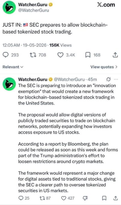 A Watcher.Guru tweet from May 19, 2026, breaking news that the SEC is preparing an "Innovation Exemption" framework to allow blockchain-based tokenized stock trading in the US, citing Bloomberg and noting the plan could be released as soon as that week as part of the Trump administration's crypto market deregulation efforts. The post frames this as the original SEC announcement that was delayed and is now reportedly expected to finally move forward on Friday, August 14.