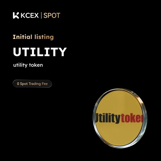 A cryptocurrency promotional graphic for KCEX SPOT announces the 'Initial listing' of UTILITY utility token with '0 Spot Trading Fee', featuring a gold coin labeled 'Utility token'.