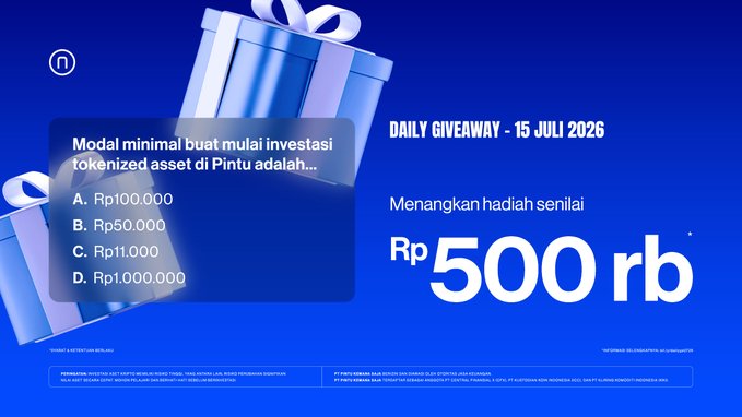 The image is a blue promotional graphic for Pintu's "Daily Giveaway - 15 Juli 2026," featuring gift box illustrations and a quiz question asking "Modal minimal buat mulai investasi tokenized asset di Pintu adalah..." with multiple choice answers (Rp100.000, Rp50.000, Rp11.000, Rp1.000.000), while highlighting a total prize pool of "Rp500 rb." This ties into the accompanying post about Pintu's daily giveaway running July 13-17, 2026, where the quiz engages users to win a share of the Rp500,000 prize.