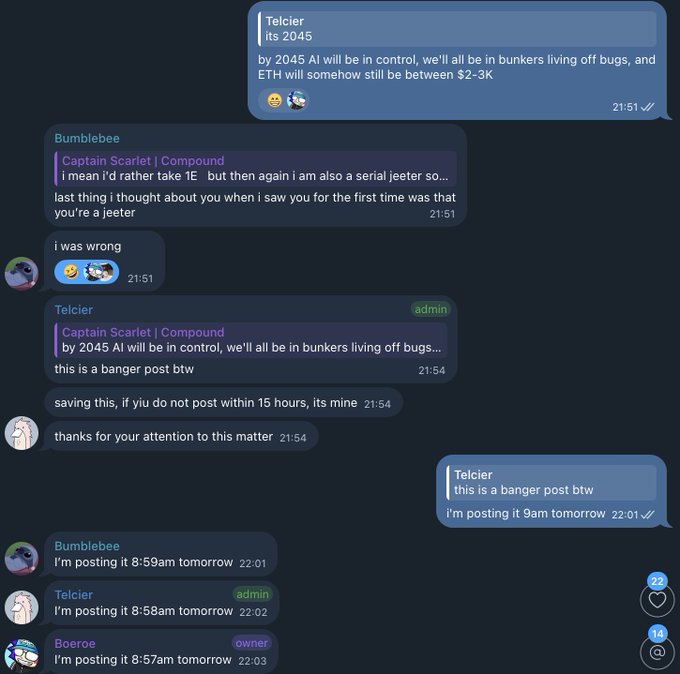 Screenshot of a Discord chat where users Telcier, Bumblebee, and Boeroe are humorously arguing about who will post 'this is a banger post btw' first, escalating into posting it at 8:59am, 8:58am, and 8:57am tomorrow.