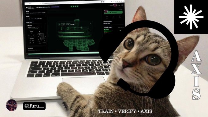 A tabby cat wearing a black headset sits in front of a laptop displaying the Axis neural network training interface, with 'AXIS' and 'TRAIN • VERIFY • AXIS' branding visible.
