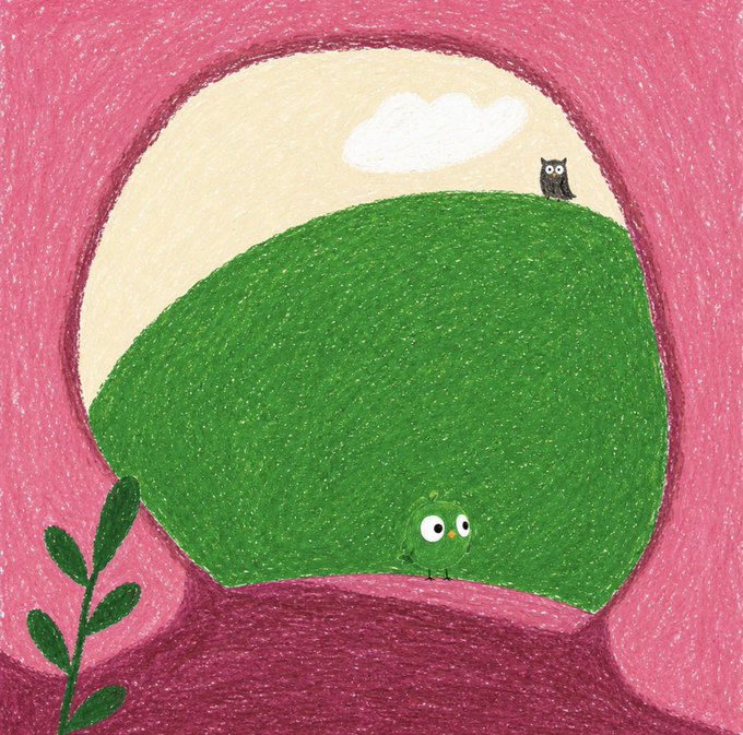 A child's drawing of a green hill with a small green bird and a black owl, framed by a pink arch.