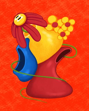 A colorful 3D rendering of an abstract vase-like sculpture with a red flower and yellow petals against a textured orange background.