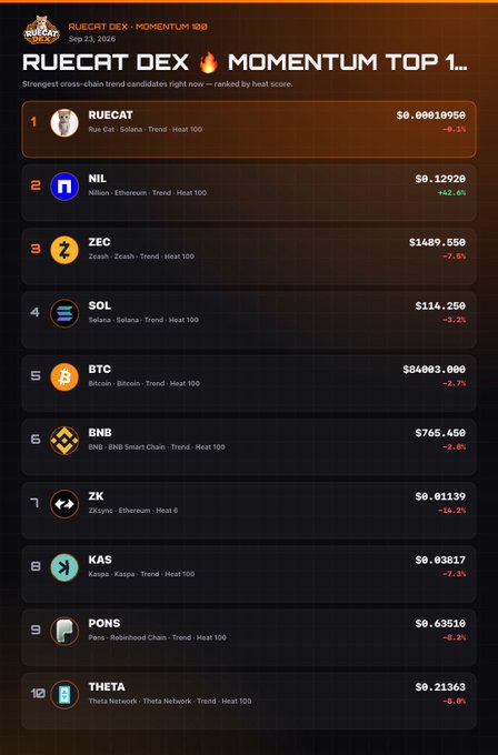 A cryptocurrency ranking chart titled 'RUECAT DEX MOMENTUM TOP 1' listing coins including RUECAT at $0.00018958, NIL, ZEC, SOL, BTC, BNB, ZK, KAS, PONS, and THETA with their respective price changes.
