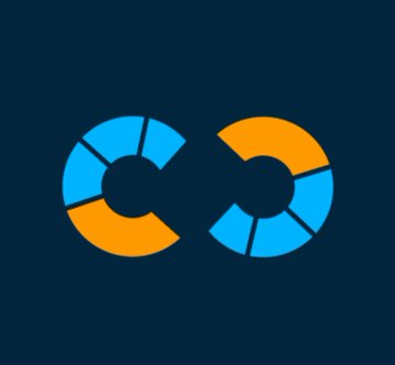 An abstract infinity-loop or figure-eight logo design in orange and blue segments against a dark navy background.