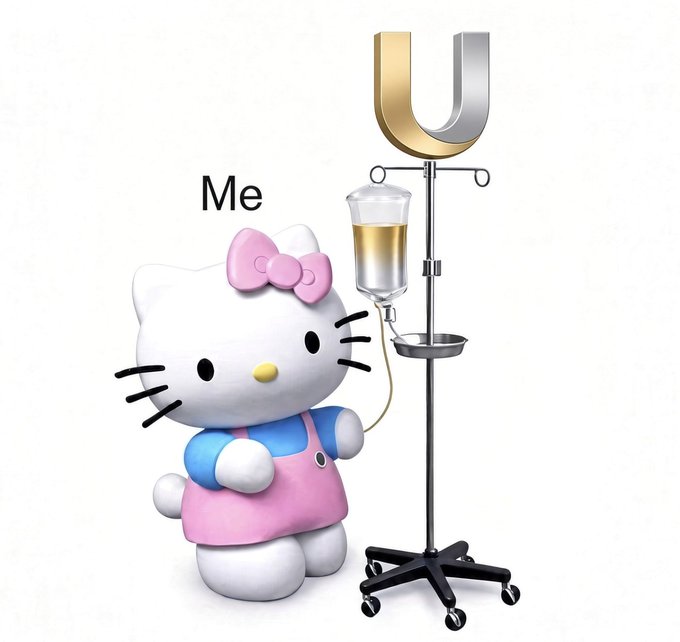 A 3D-rendered Hello Kitty character labeled 'Me' standing next to an IV drip stand with golden liquid and a large golden 'U' magnet/letter at the top, suggesting someone receiving 'U' through an IV.