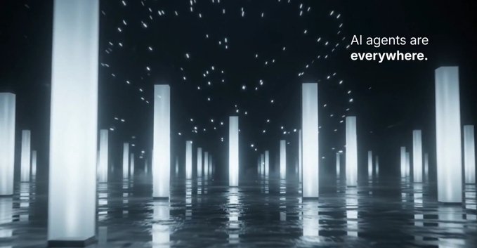 A dark cinematic scene with glowing vertical pillars on a reflective water surface beneath a starry sky, with the text 'AI agents are everywhere.'