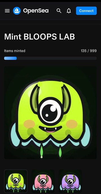 A mobile OpenSea page showing the "Mint BLOOPS LAB" NFT collection, displaying 135/999 items minted alongside a green one-eyed cyclops character and three color variants below.
