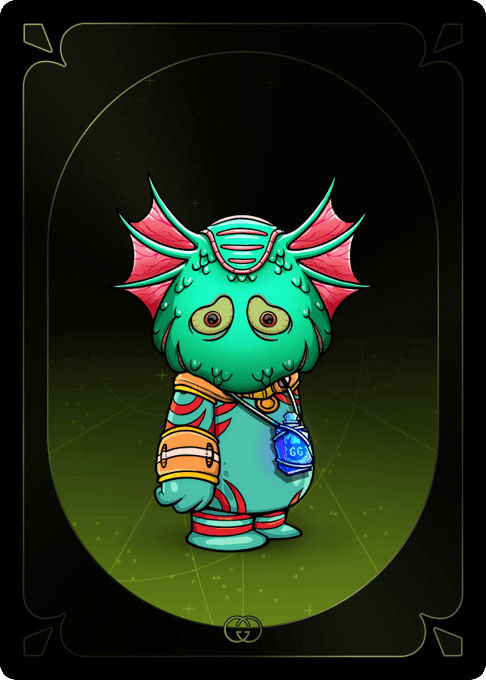 A digital illustration of a cute green axolotl-like character with pink fins, wearing an orange wrist cuff and a blue medallion labeled 'GG' against a starry green background.