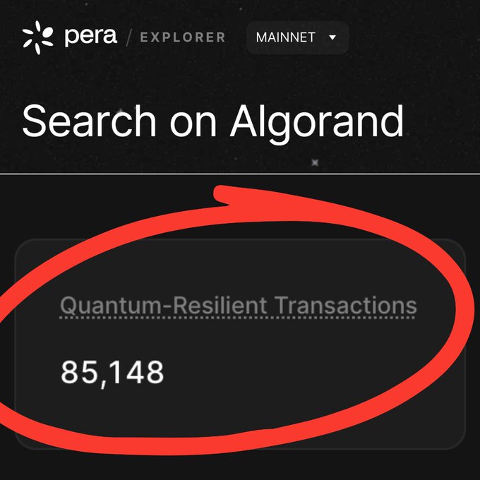 The Pera Explorer for Algorand Mainnet displays a circled stat showing "Quantum-Resilient Transactions" totaling 85,148, illustrating the significant daily volume of post-quantum secure transactions highlighted in the post.
