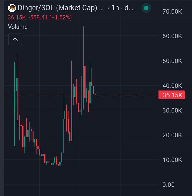 A candlestick chart shows the Dinger/SOL market cap at 36.15K, down 1.52% (-558.41) on the 1-hour timeframe, with recent price action climbing from lows near 10K toward highs approaching 65K—visually reinforcing the poster's claim of an all-time high breakout and bullish momentum for the $DINGER token.