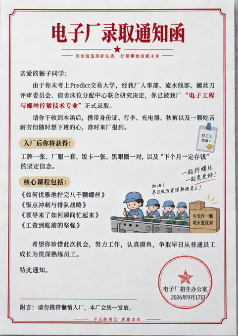 A humorous Chinese "Electronic Factory Admission Notice" letter to "Monkey" from Predict Trading University, offering employment in "Electronic Engineering and Screw Tightening Technology."