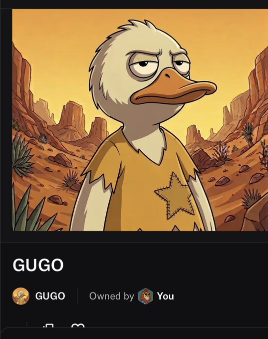 A digital NFT-style character card named "GUGO" featuring an annoyed-looking white duck wearing a yellow shirt with a star, set against a desert landscape, marked as "Owned by You".