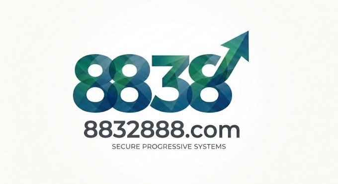 A logo design for the domain "8832888.com" featuring the number stylized in a geometric blue-green gradient with an upward-pointing arrow integrated into the final "8," accompanied by the tagline "SECURE PROGRESSIVE SYSTEMS." The image directly visualizes the premium numeric domain being marketed, with the ascending arrow emphasizing the "progressive" and growth-oriented investment angle highlighted in the accompanying post.