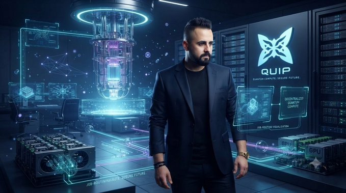 A digitally composed image of a bearded man in a dark blazer standing in a futuristic server room, with glowing holographic displays, server racks, and the 'QUIP' logo featuring a butterfly-like emblem.