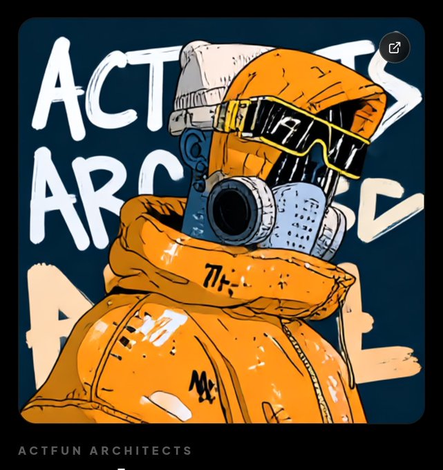 A stylized illustrated NFT artwork titled 'ACTFUN ARCHITECTS' featuring a hooded figure wearing an orange jacket, ski goggles with the number '777', and a respirator/gas mask.