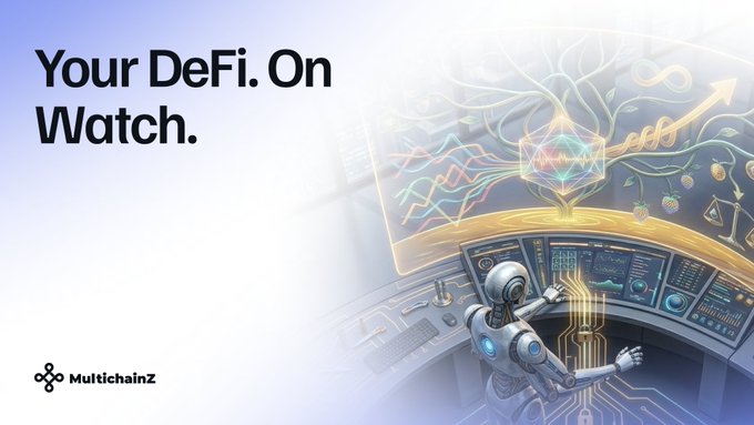 A promotional banner titled 'Your DeFi. On Watch.' by MultichainZ, featuring an illustration of a robot at a control panel with financial charts.