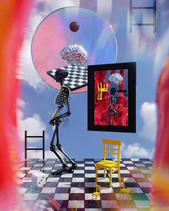 A surreal digital art piece depicting a skeleton standing on a checkered floor with a floating checkered platform and brain, alongside a framed skeleton holding a yellow chair, set against a sky background.