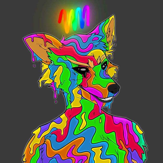 A vibrantly colored digital illustration of a wolf-like creature with a dripping, psychedelic multicolor pattern, topped with a glowing rainbow squiggle resembling an "M" above its head, complements a cheerful "gm" (good morning) greeting. The dripping paint aesthetic and bold neon hues give the character a playful, energetic vibe fitting for a positive morning send-off.