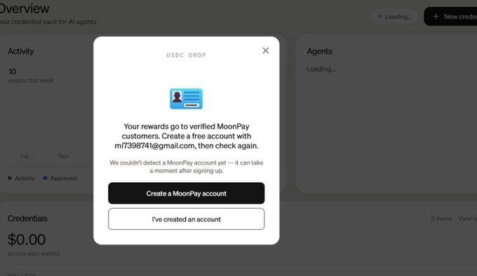 A user complains about MoonPay's failure to detect their existing account and inaccessibility in their country, shown alongside a USDC drop popup from their credential vault requiring a MoonPay account linked to "mi7398741@gmail.com" with options to create an account or confirm one already exists.