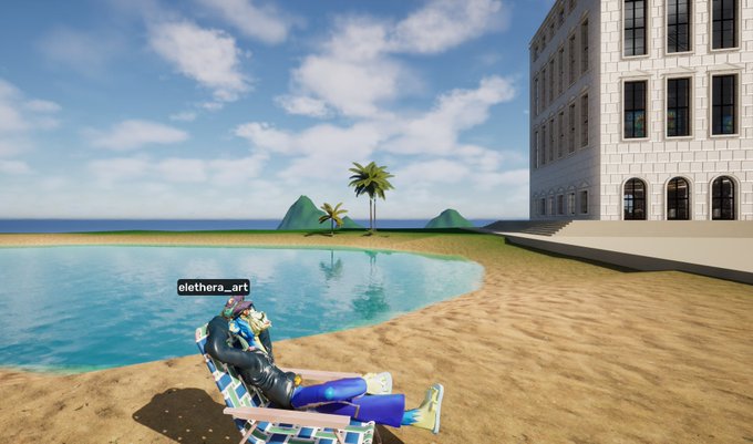 The username "elethera_art" floats above an avatar lounging on a beach chair by a turquoise pool, enjoying a relaxed sunny scene that fits the cheerful "GM and happy thirsty Thursday" greeting.