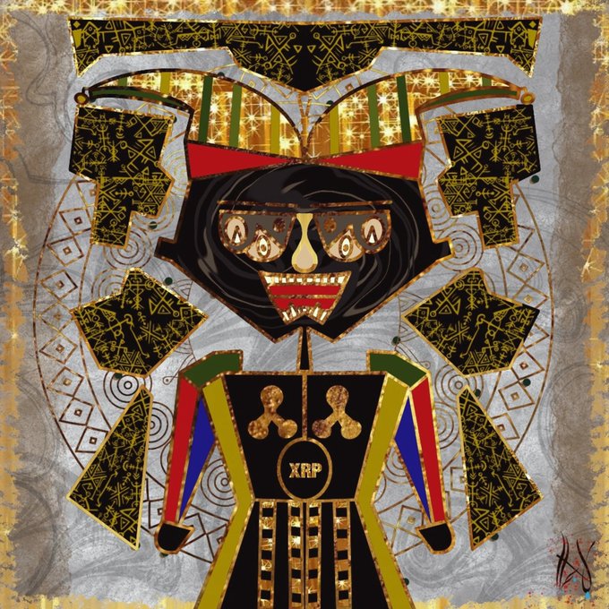 A colorful, stylized mixed-media artwork of a geometric character with large eyes and decorative patterns, featuring the text 'XRP' on its chest.