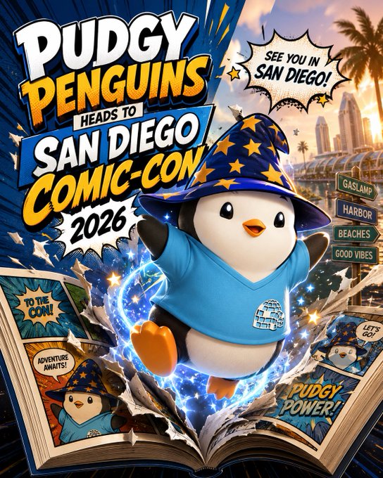 The image features a penguin wearing a wizard's hat, standing out against a blue background with white stars. The penguin appears to be holding an open book, which has a title that reads "Puddgy Penguin Heads to San Diego Comic-Con 2016". This suggests that the image is promoting the event of Puddly Penguin heads to San Diego Comic-Con 2016.
The penguin's hat and the open book are both blue in color, creating a cohesive theme for the promotional material. The white stars on the background add a touch of whimsy to the overall design.