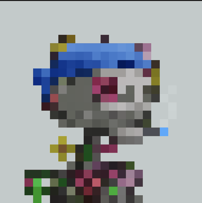 A heavily pixelated, low-resolution image showing a colorful, unrecognizable subject against a plain light blue background.