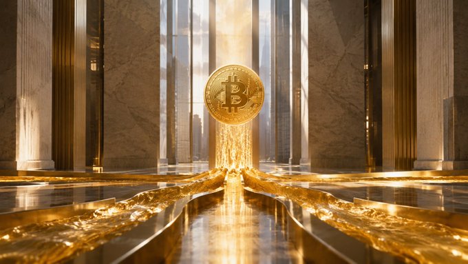 A glowing Bitcoin coin rises from streams of liquid gold in a grand marble hall, symbolizing the cryptocurrency's surging value as U.S. spot Bitcoin ETFs pulled in approximately $1.6B this week—including over $600M on Thursday alone—signaling a powerful return of institutional buyers.