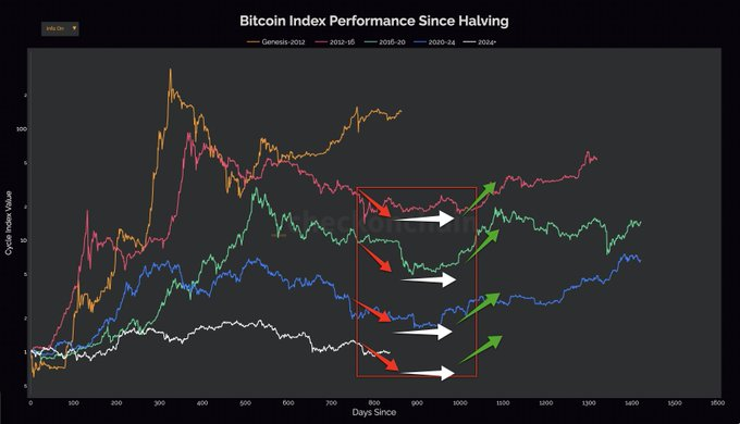 A financial chart titled 'Bitcoin Index Performance Since Halving' comparing cyclical index values across different halving periods (Genesis-2012, 2012-16, 2016-20, 2020-24, 2024+) with red and green arrows indicating trend predictions.