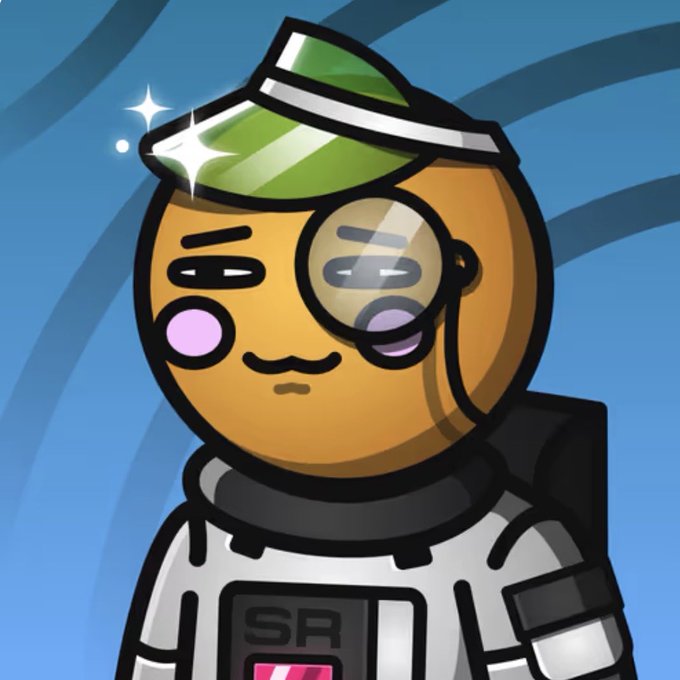 A cartoon orange character with a smug expression wears a green space helmet, monocle, and a spacesuit labeled "SR" on the chest, referencing the Space Riders NFT collection mentioned in the post. The shiny, polished look of the character aligns with the collector's enthusiasm about finally acquiring this digital asset.