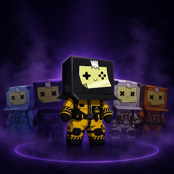 A group of cartoonish characters in hazmat suits with TV-shaped heads featuring 'X' eyes, set against a purple background, with a yellow-suited character in the center.